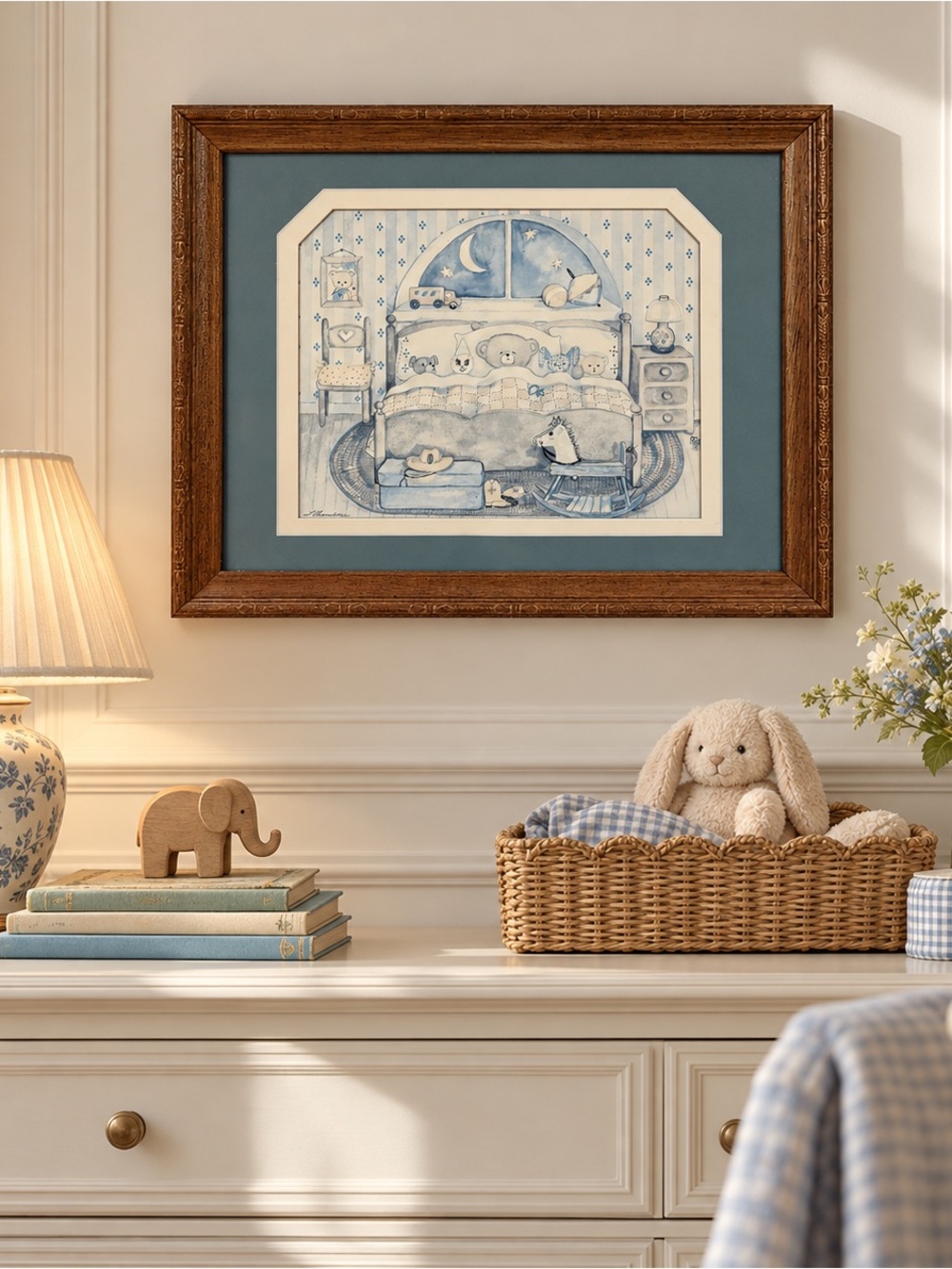 Blue Nursery Bear Framed Art Print - Soft Teddy Bedroom Decor
